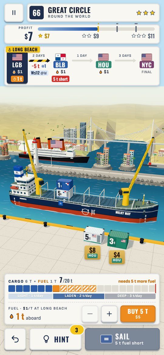 Level 66, round the world: the ship at her berth in Long Beach, two boxes for Houston on the quay, the route to New York above and a load bar asking for five more tonnes of fuel.