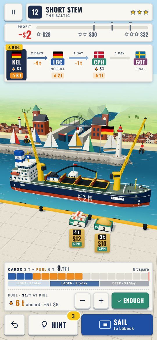 Level 12 in the Baltic: a bulk carrier with open holds and a grab at her berth in Kiel, two parcels for Copenhagen on the quay, ready to sail for Lübeck.