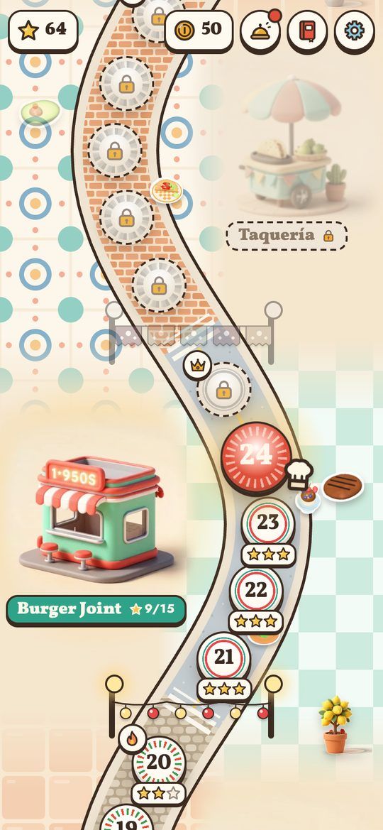 The food street: a winding path of levels past the burger joint, with the taquería still locked further on.