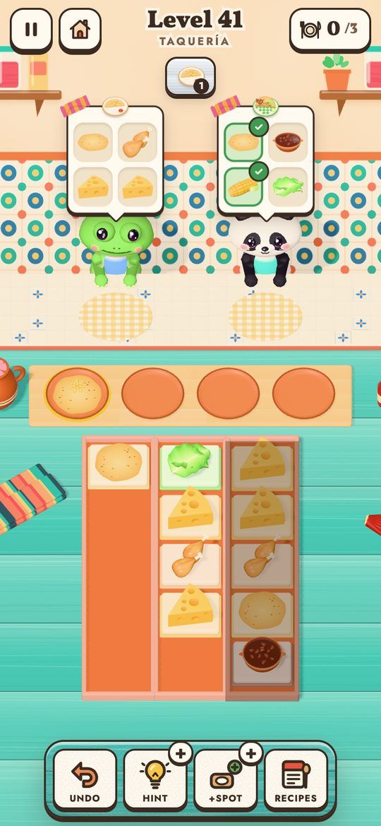 Level 41, the taquería: a frog and a panda wait for their orders, above a pantry of tortillas, cheese, chicken and lettuce.