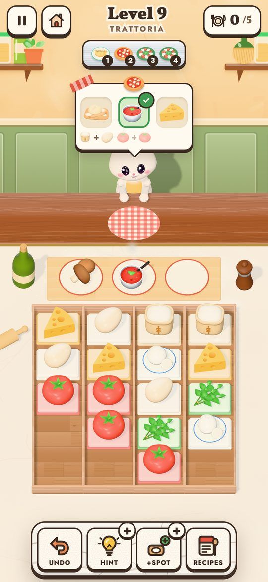 Level 9, the trattoria: a bunny at the counter waits for a pizza of dough, tomato sauce and cheese, above a pantry of tomatoes, cheese, dough and basil.