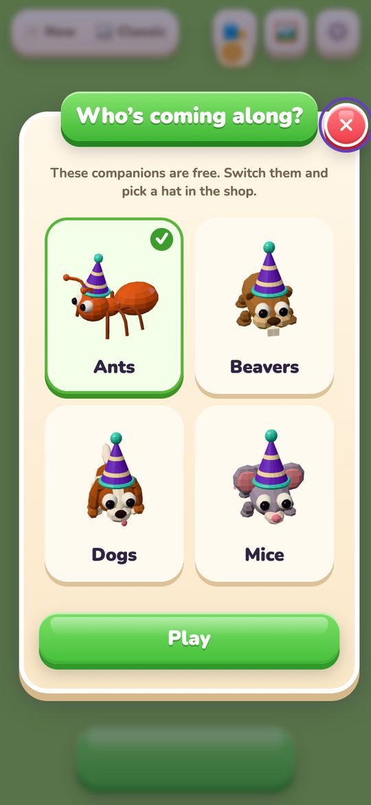 Who’s coming along: a choice of ants, beavers, dogs or mice, each in a party hat.