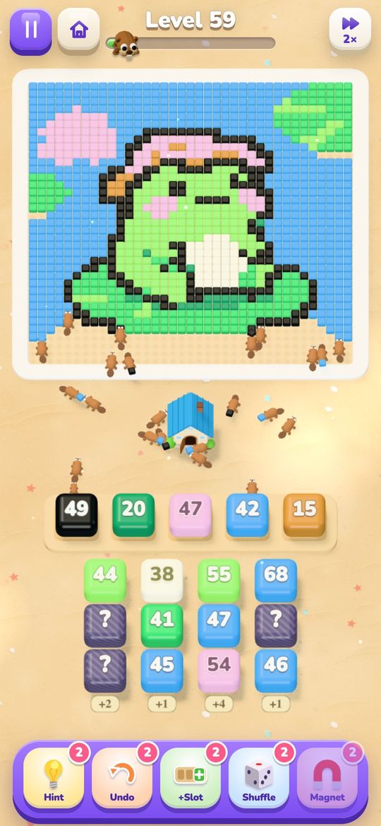 Level 59: beavers nibble a pixel-art frog on a lily pad and carry the cubes to their house, numbered boxes waiting below.