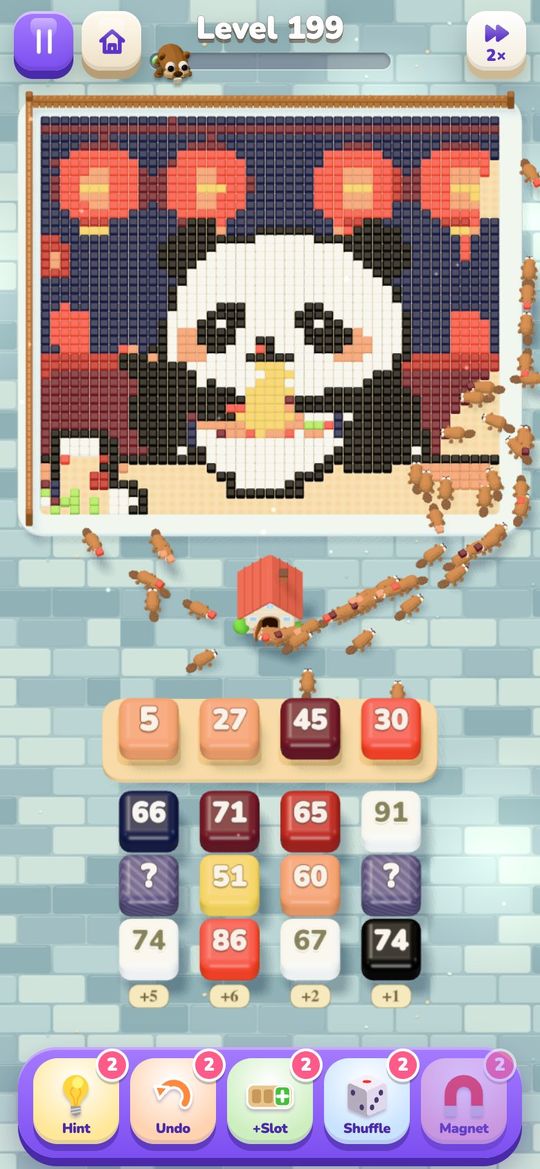 Level 199: a line of beavers carries away a pixel-art panda eating ramen under red lanterns.