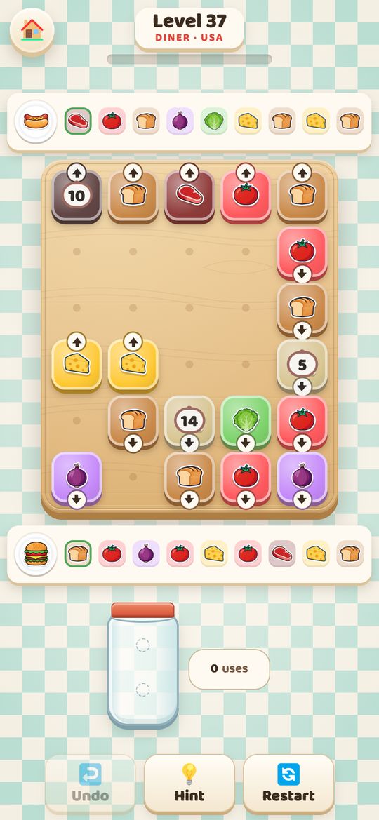 Level 37 in an American diner: tiles marked with numbers, and a glass jar instead of the bowl.
