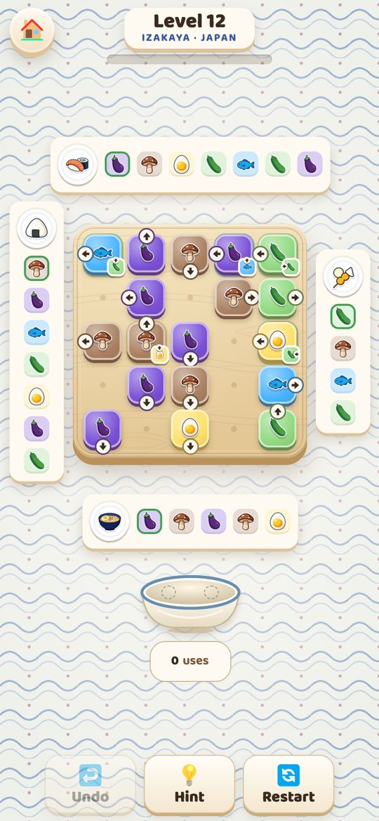 Level 12 in a Japanese izakaya: fish, mushrooms, aubergines and eggs on the board, with recipe tickets around it.