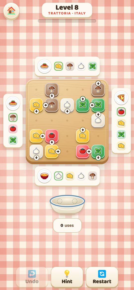 Level 8 in an Italian trattoria: ingredient tiles with arrows on a wooden board, recipe tickets around it and an empty bowl below.