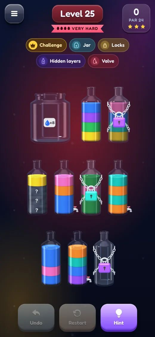 Level 25, very hard: a jar, chained bottles with locks, valves and hidden layers all on one board.