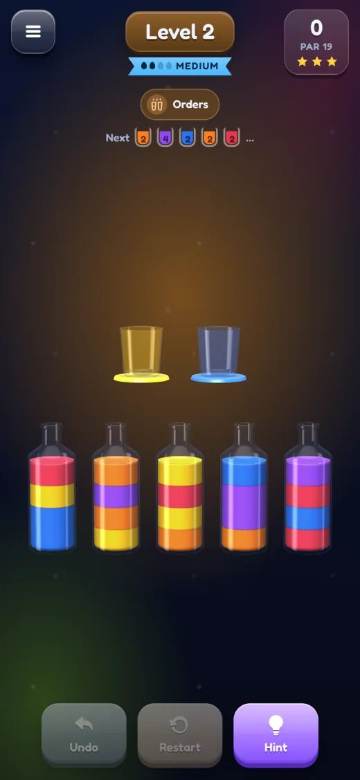 Level 2, orders: two empty cups wait to be filled, with the next orders queued at the top, above five bottles of mixed colours.