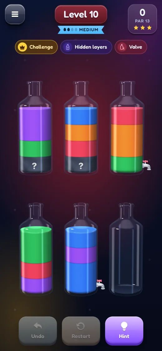 Level 10, a challenge: bottles with hidden layers and taps that pour from the bottom.
