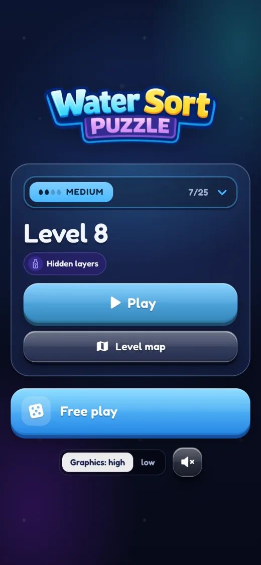 The menu: level 8 of the medium track, with buttons to play, open the level map or start free play.