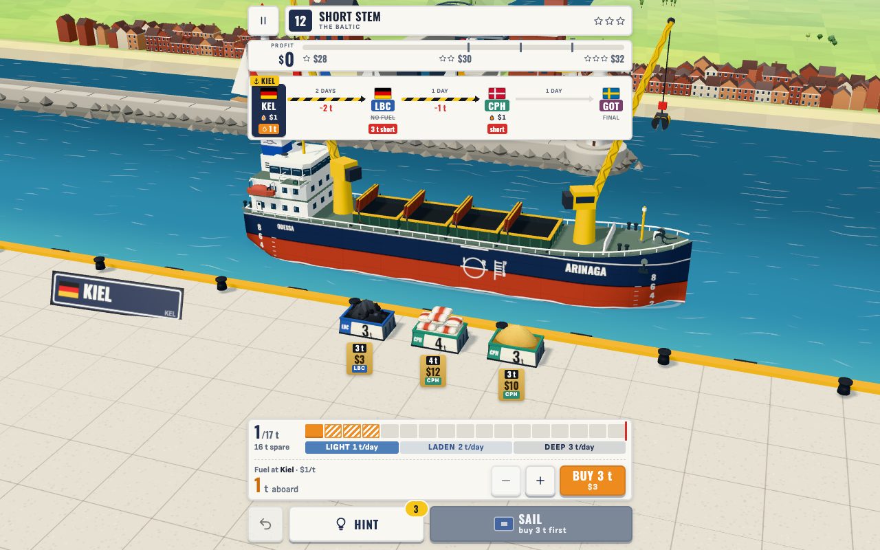 A bulk carrier at her berth in Kiel with three parcels of cargo on the quay, the route to Gothenburg above and the load bar below.