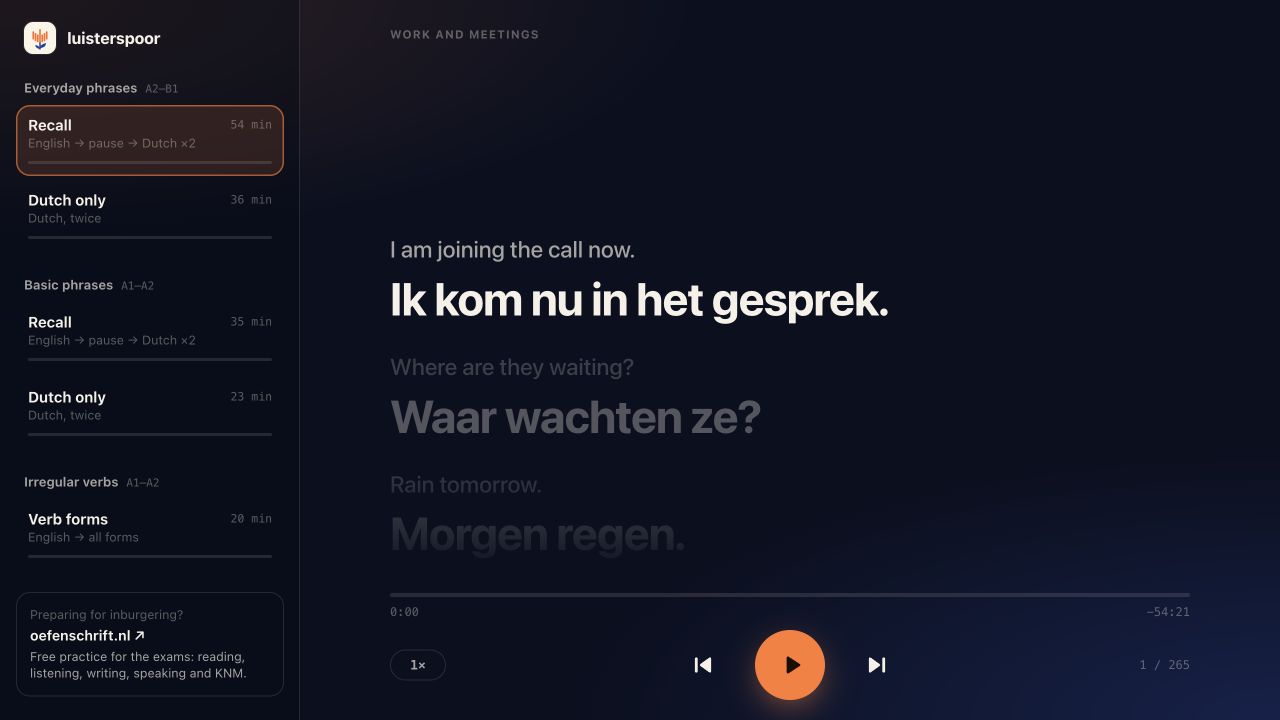 The Luisterspoor player shows an English sentence followed by its Dutch translation.