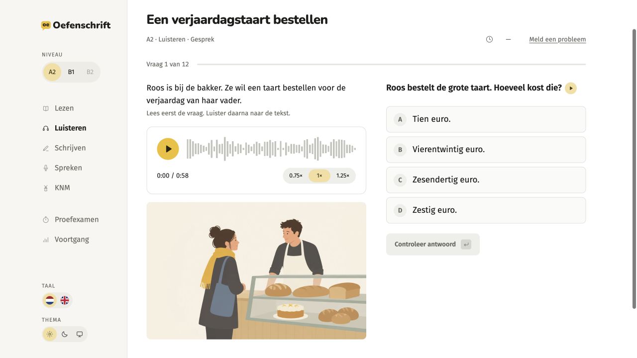 An illustrated Dutch listening exercise: ordering a birthday cake at a bakery.