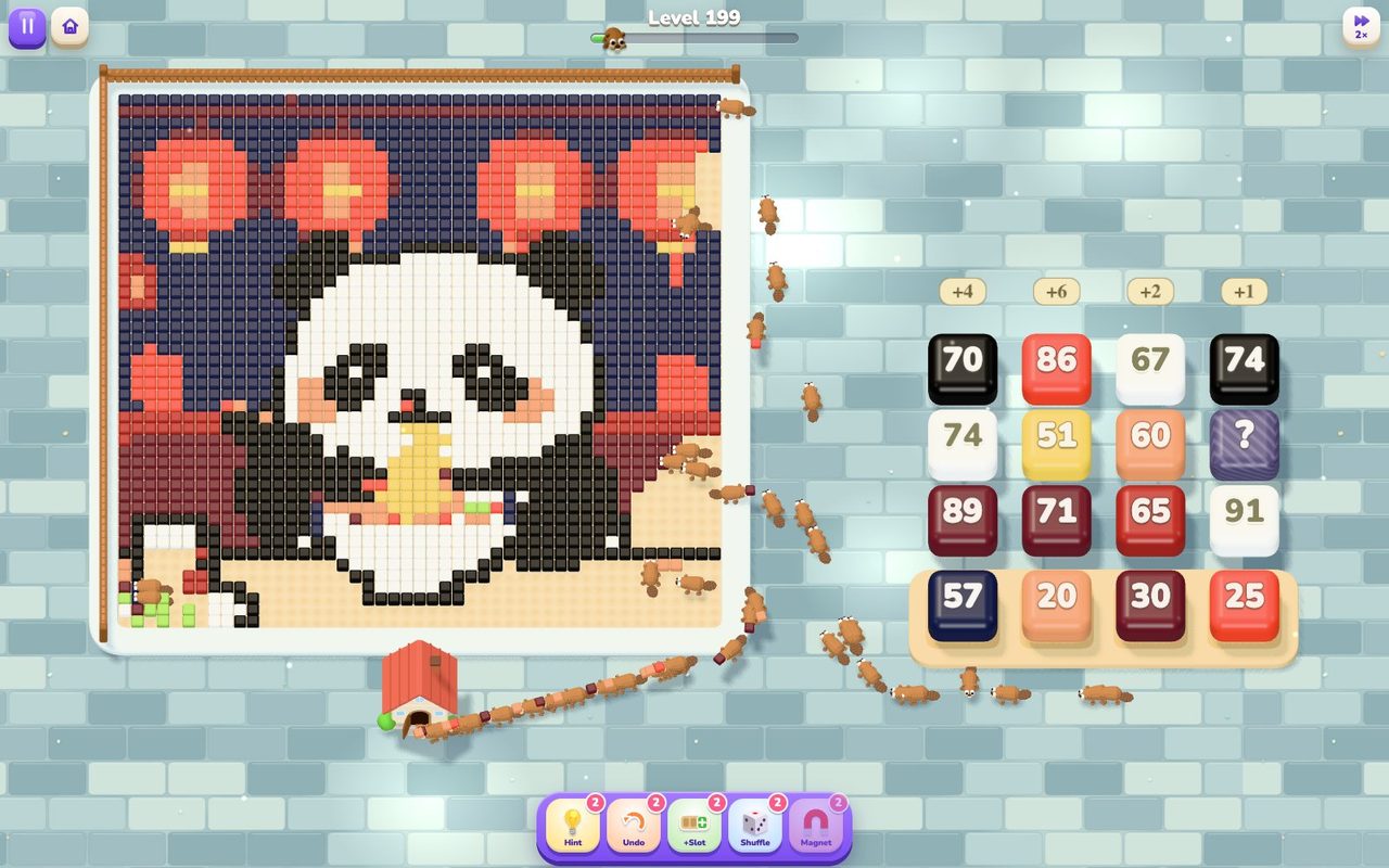 Beavers carry away a pixel-art panda eating ramen, cube by cube, next to the numbered boxes still to open.