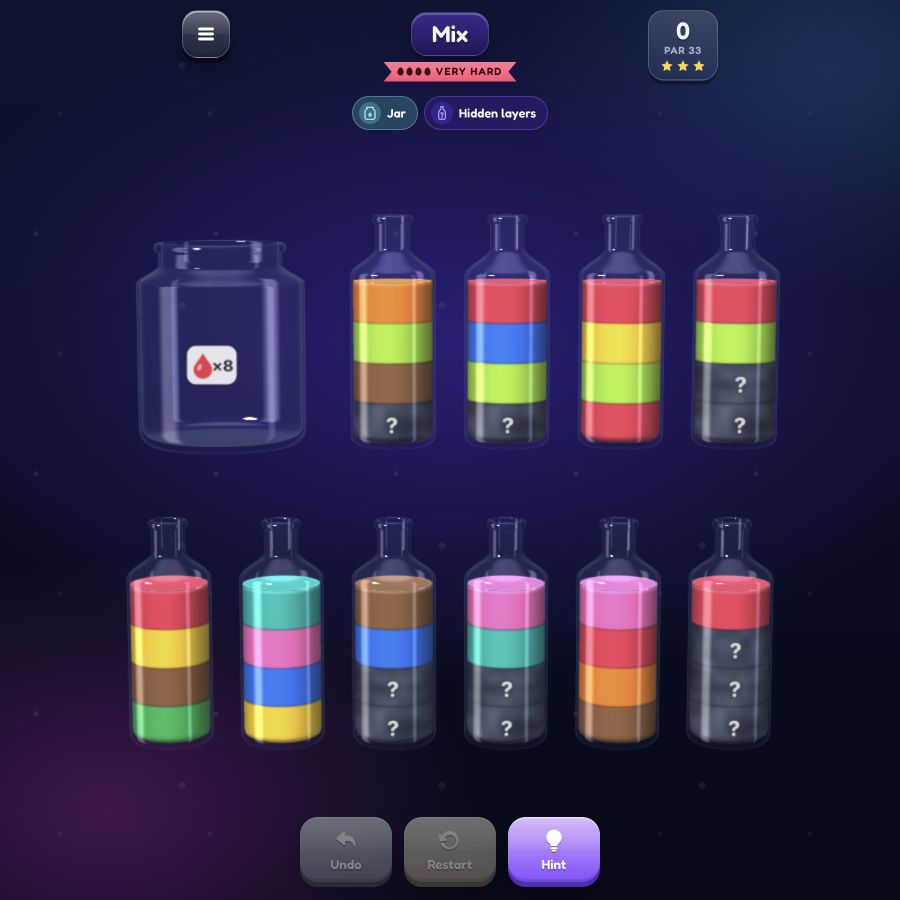 A square view of a very hard Water Sort puzzle with ten bottles, a storage jar and hidden colour layers.